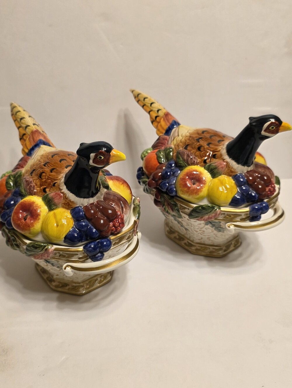 Pair Vintage Fitz & Floyd Pheasant Covered Dishes Small Tureen Fruit Accents